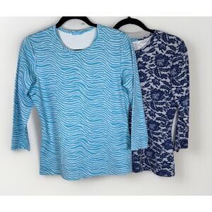 Lot Of 2 J. McLaughlin Catalina Cloth Blue & White 3/4 Sleeve Preppy Tops Sz M